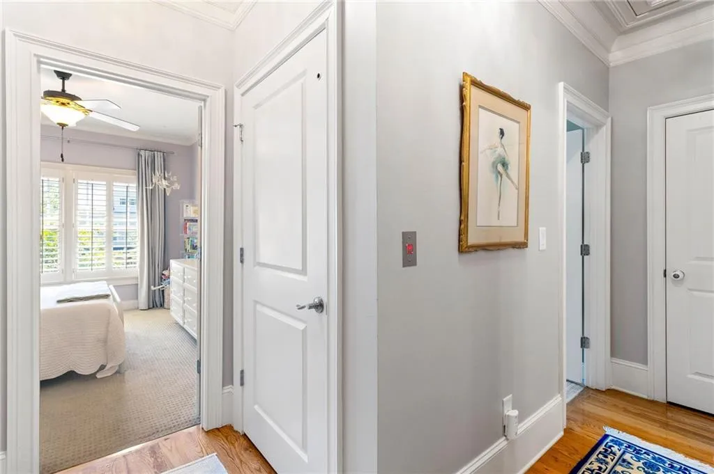 Hall featuring crown molding and light hardwood / wood-style floors