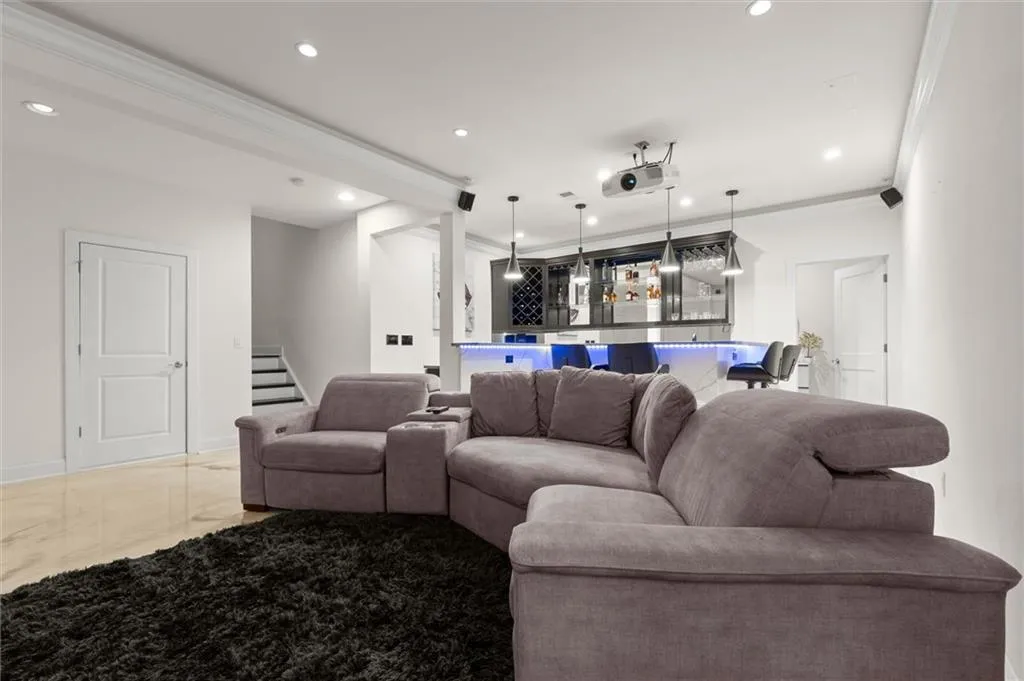 Finished Basement with LED lighting and home theatre.