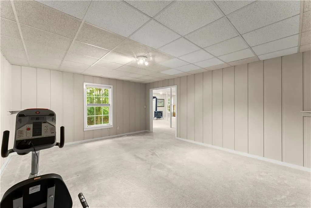 Basement featuring carpet flooring and a paneled ceiling