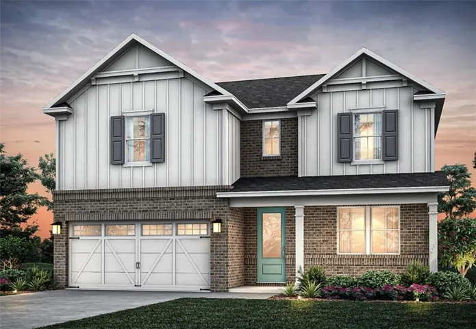 View of front of house featuring board and batten siding, an attached garage, brick siding, and concrete driveway