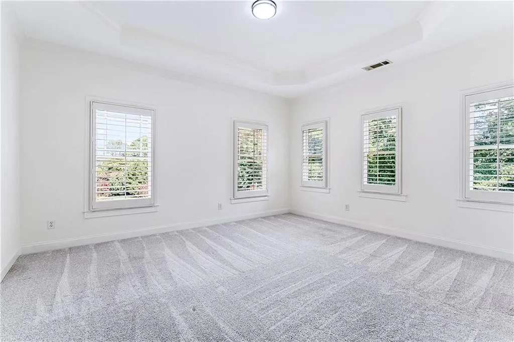 Spare room featuring a raised ceiling and light colored carpet
