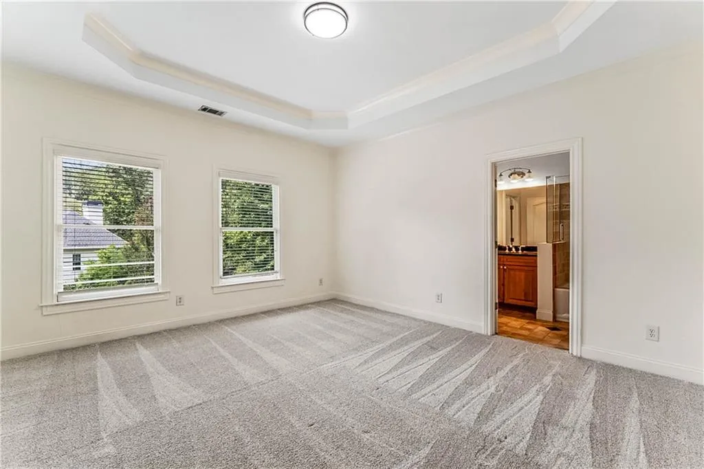 Unfurnished room with a raised ceiling and light colored carpet