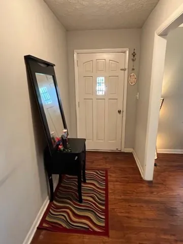 Entryway featuring a paneled door with glass inserts and wood-finish flooring