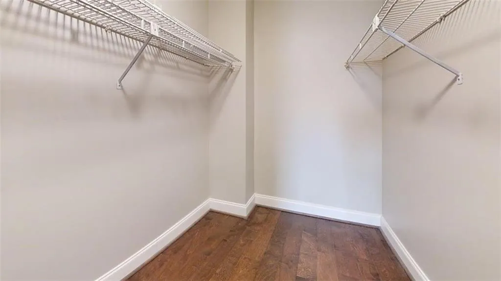Walk in closet featuring dark wood-style floors