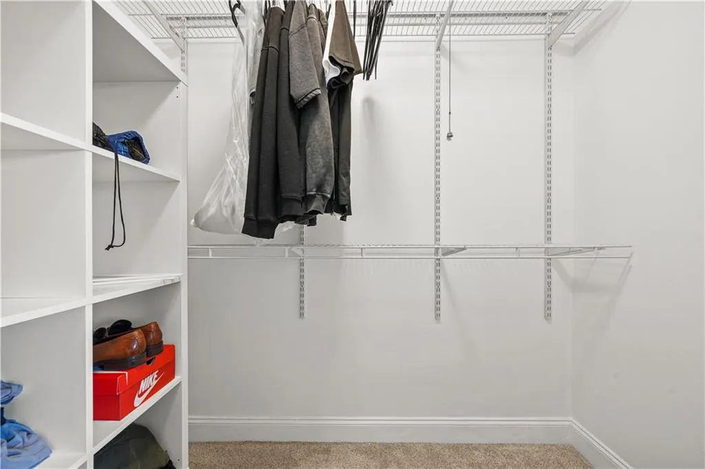 Walk in closet with light colored carpet