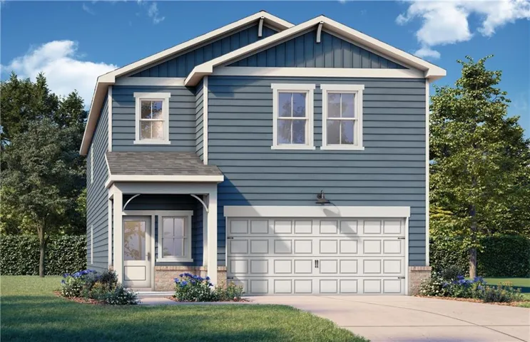 Two-story residence featuring blue horizontal siding and white trim