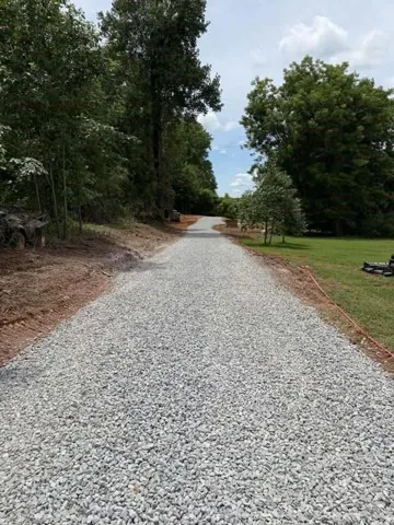 Gravel driveway bordered by mature trees and natural landscaping