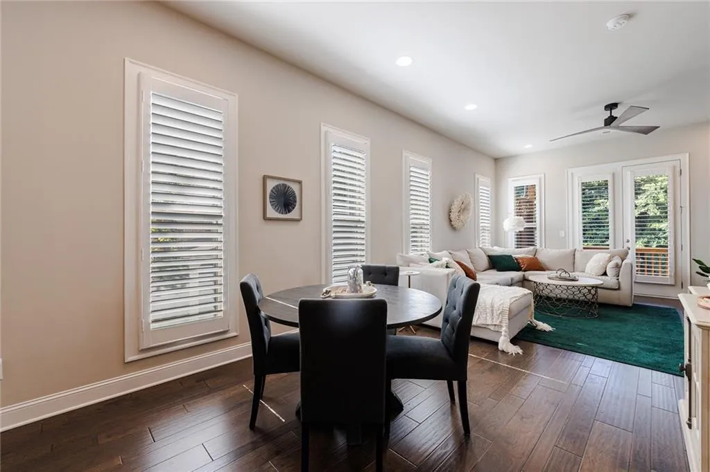 The eat-in kitchen area and dining space offer plenty of room for entertainment.