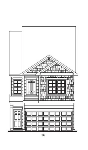 Architectural Drawing. Illustrating the front elevation of the property, including entry door, windows, and garage door