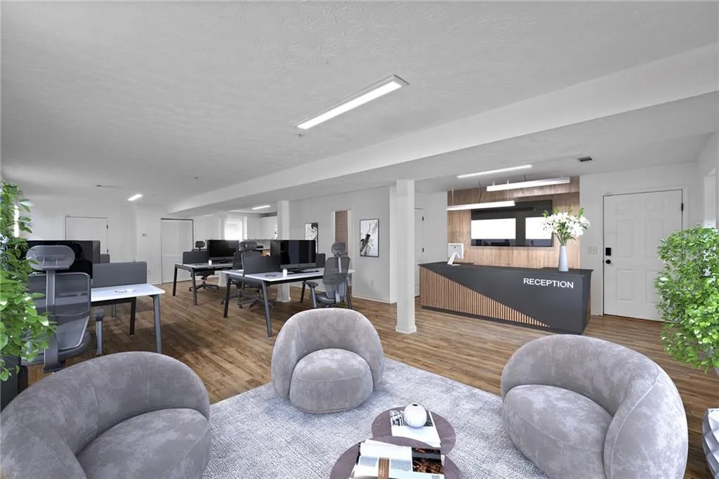 Virtually rendered depiction of office space.