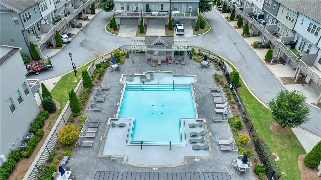 Drone / aerial view of a pool area