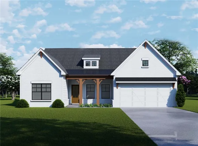 White brick exterior, dark asphalt shingle roof, covered entry with wood beams, attached two-car garage, and a dormer window