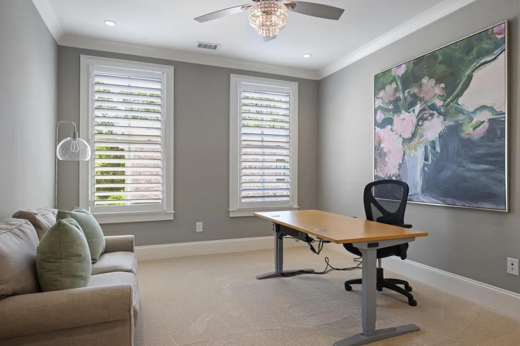Office featuring light carpet, a ceiling fan, ornamental molding, and recessed lighting