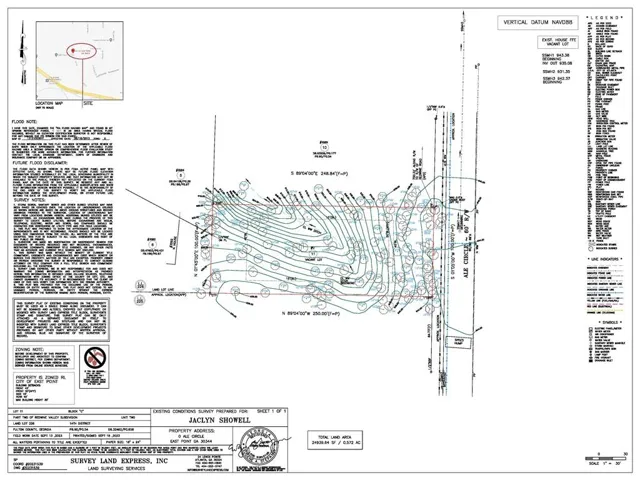 Existing Conditions Survey. Detailing the property's topography, boundaries, and associated notes