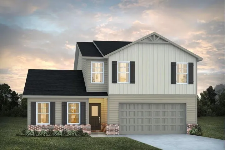 Two-story residence featuring a dark shingle roof, light-colored siding, and brick accents