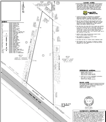 Survey and Flood Plain Map. Technical representation of property boundaries, topographical features, flood zone designation, and reference materials including survey notes and surveyor certification