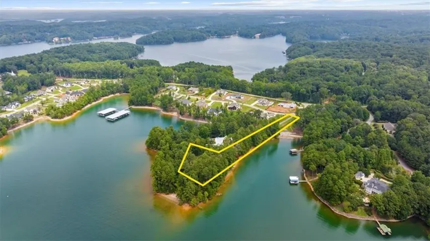 Waterfront parcel surrounded by dense mature trees, featuring direct lake access
