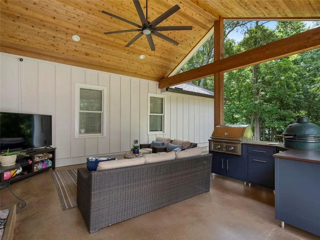 View of patio / terrace with ceiling fan, outdoor lounge area, area for grilling, and grilling area