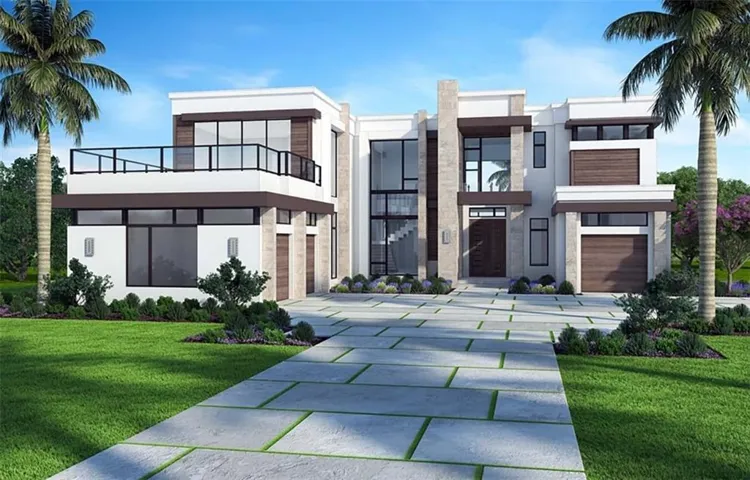 Contemporary home with stucco siding, a front yard, and concrete driveway