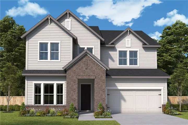Two-story exterior with horizontal siding, a prominent brick entry, multiple gables, and an attached two-car garage