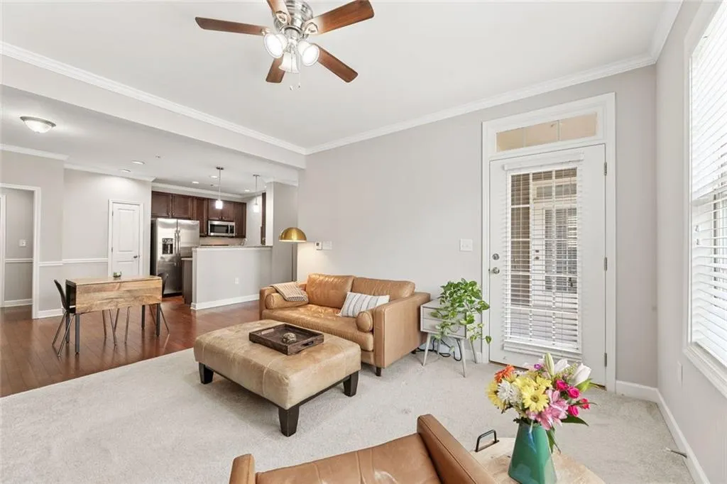 Living room with view to kitchen