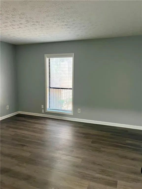 Empty room featuring dark wood-style flooring and a textured ceiling