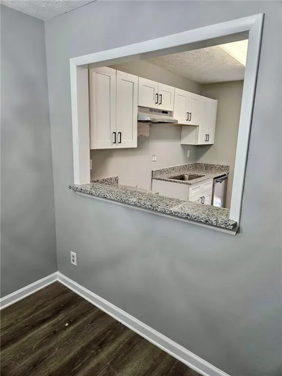 Kitchen with under cabinet range hood, dishwasher, dark wood-style flooring, a textured ceiling, and white cabinets