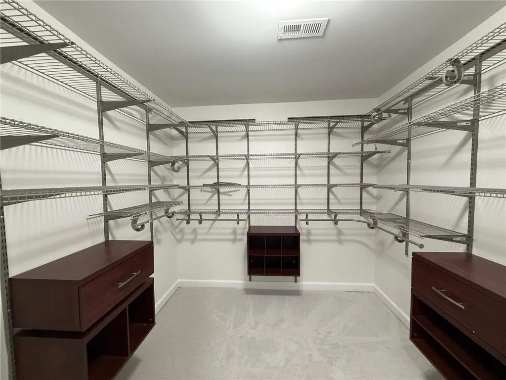 Spacious closet featuring light colored carpet
