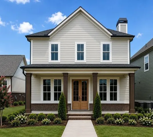 Light-colored siding exterior with a dark shingle roof, brick foundation, and covered porch with dark columns