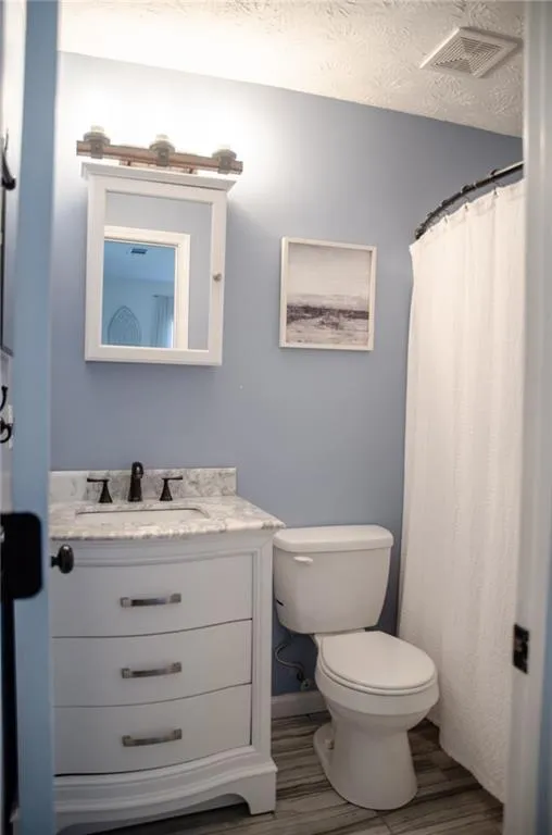 Bathroom featuring vanity, a textured ceiling, and a shower with shower curtain