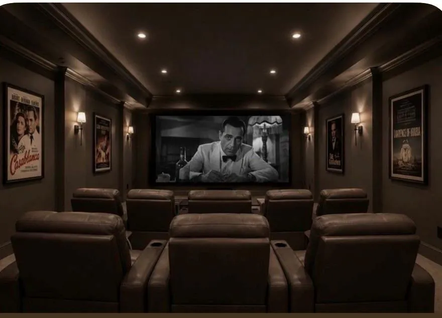 Dedicated home theater featuring a large screen, integrated wall sconces, recessed ceiling lighting, and crown molding