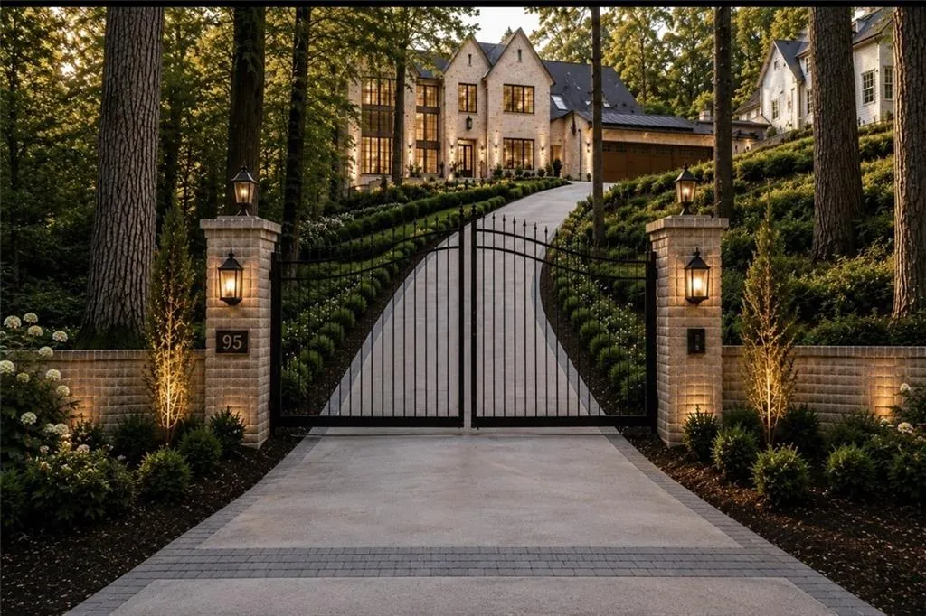 Wrought iron entry gates with illuminated brick pillars, a winding paved driveway, and extensive landscaping