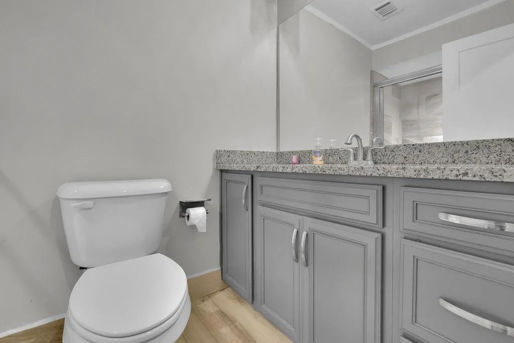 Bathroom featuring ornamental molding, toilet, hardwood / wood-style flooring, and oversized vanity
