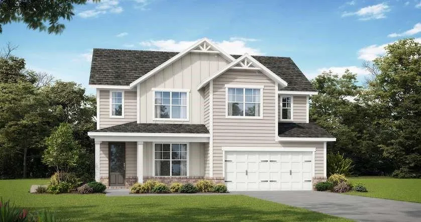 Two-story residence featuring a covered entry, columned porch, and an attached two-car garage