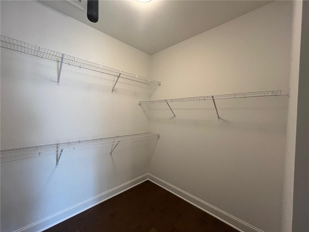 Spacious closet with dark hardwood / wood-style floors