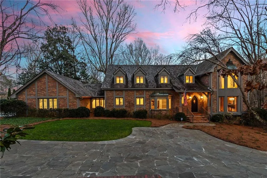 Nightime view of the front of the home.