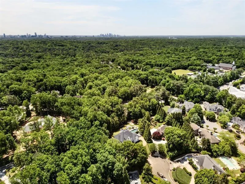 Aerial perspective showcasing a verdant landscape with a distant city skyline