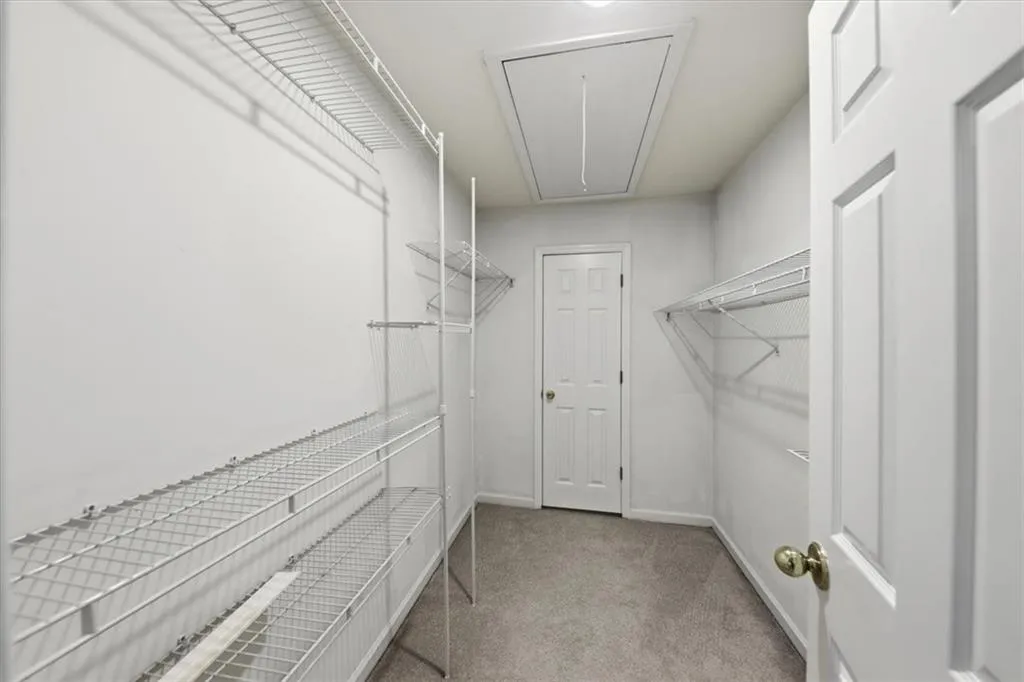 Spacious closet with attic access and light colored carpet