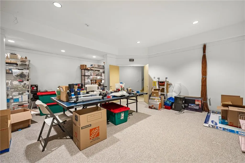 Office area with recessed lighting and carpet floors