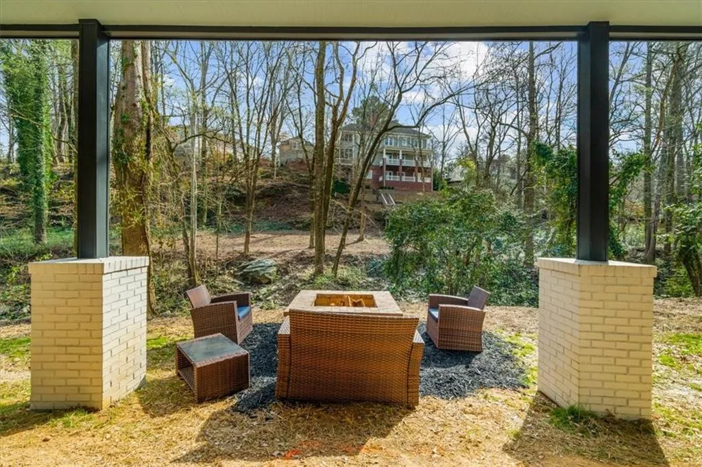 Fire pit, view from covered seating area