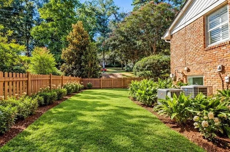 Backyard space featuring a brick exterior wall, cedar-tone wood picket fencing, manicured lawn, established landscaping, and mature trees