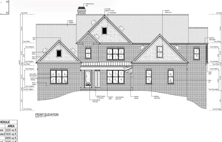 Architectural Front Elevation. Technical drawing depicting the exterior facade of the property, including structural features, window and door placements, roofline configuration, and material specifications