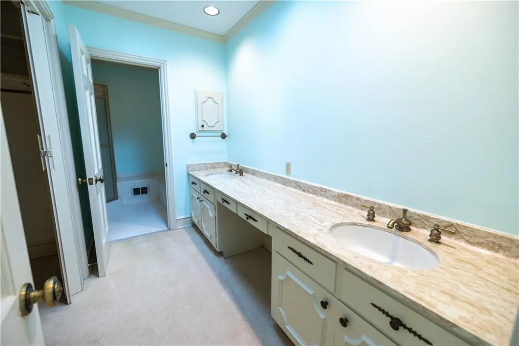 Full bathroom featuring double vanity and ornamental molding