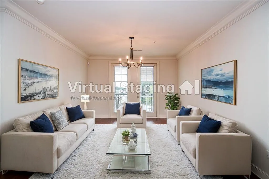 Living room with ornamental molding, light wood-type flooring, and a chandelier