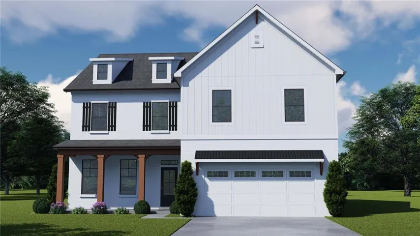 Two-story residence featuring a white facade, dark gray gabled roof, and a covered porch with wood-finish columns