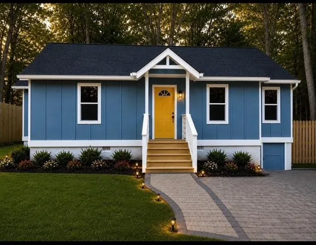 Exterior featuring blue vertical siding with white trim