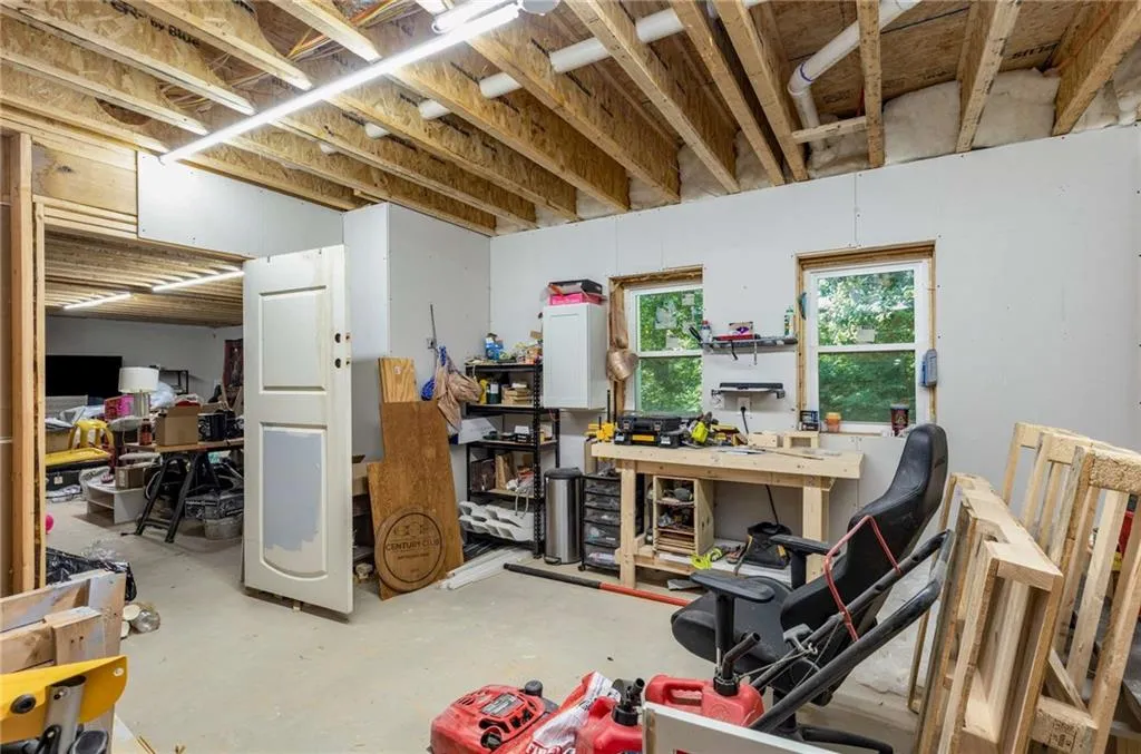 Basement with a workshop area