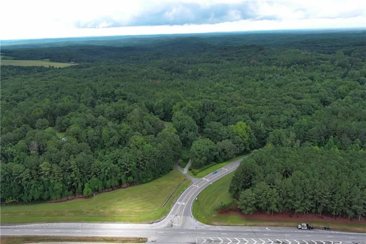 Expansive wooded landscape featuring a paved road, a grass shoulder, and a distant field