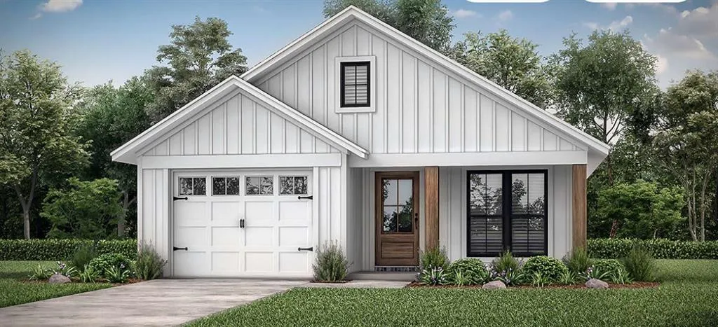 White board and batten siding with a natural wood-finish front door and a decorative garage door