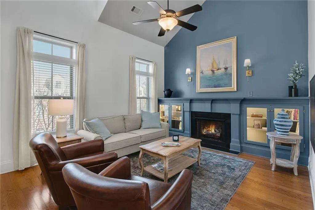 Custom paint compliments the built ins and gas fireplace